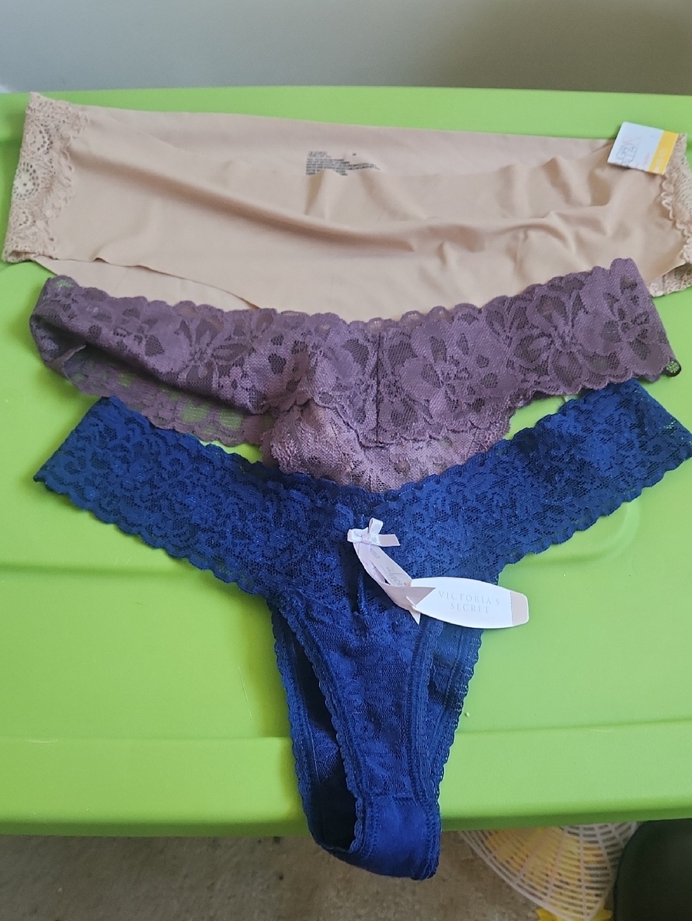 Victoria's Secret Medium Lace Thong Set — Navy, Mauve, Nude Nwt